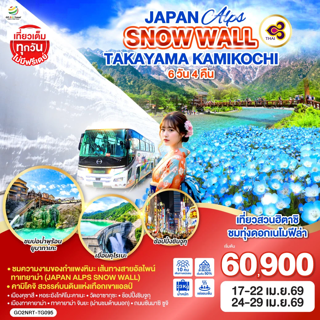 ทัวร์ญี่ปุ่น ALPS SNOW WALL TAKAYAMA KAMIKOCHI 6วัน 4คืน (TG)