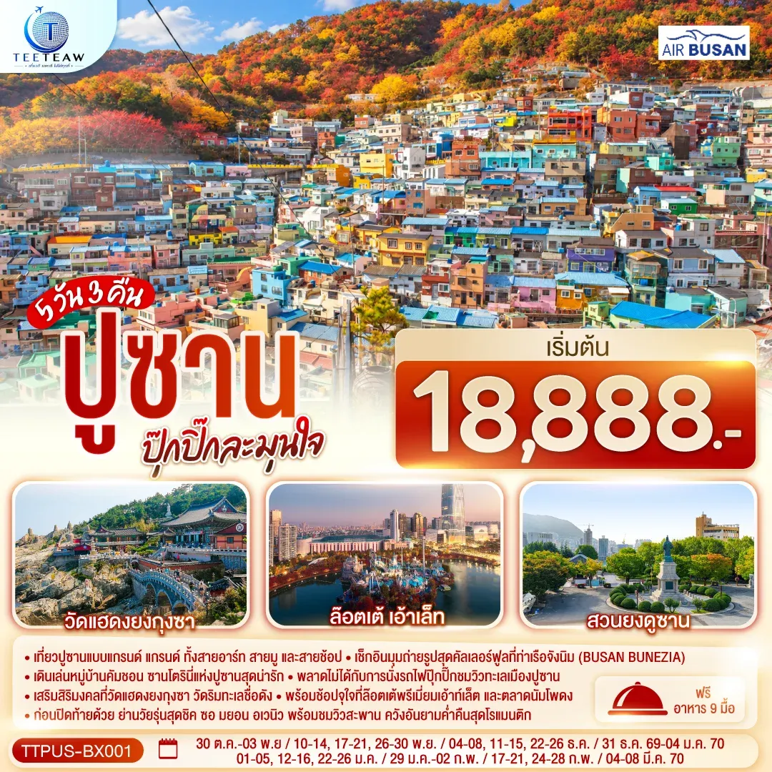 ทัวร์เกาหลี ปูซาน  ปุ๊กปิ๊กละมุนใจ 5วัน 3คืน  (BX)